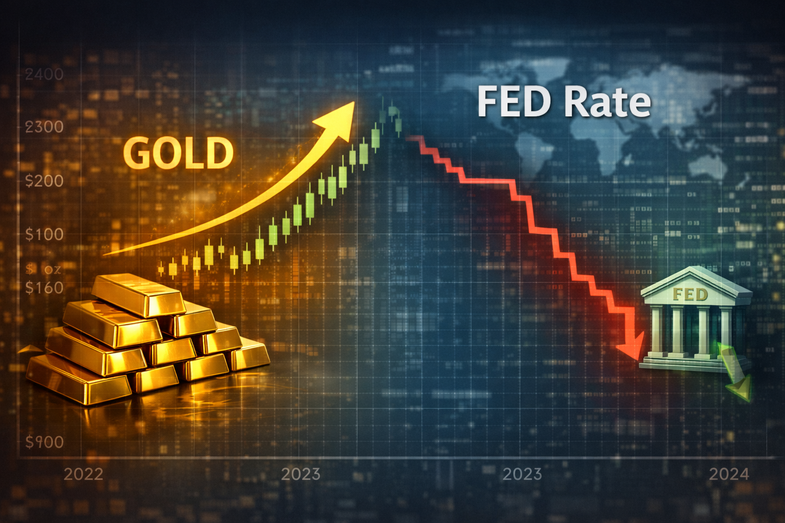  مقایسه نمودار طلا و نرخ بهره یا فدرال رزرو